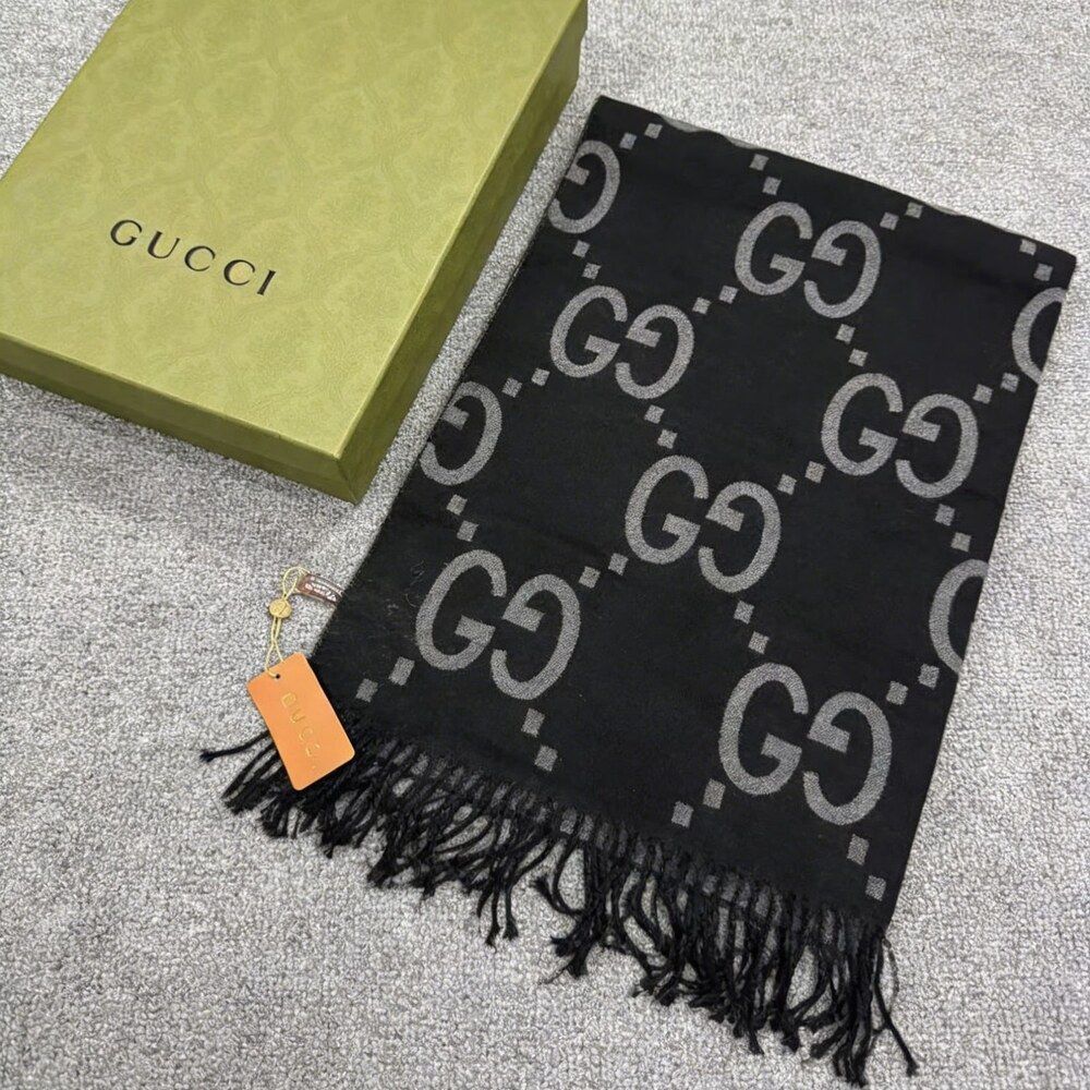 Gucci Black Gray Diagonal GG Tassel Scarf